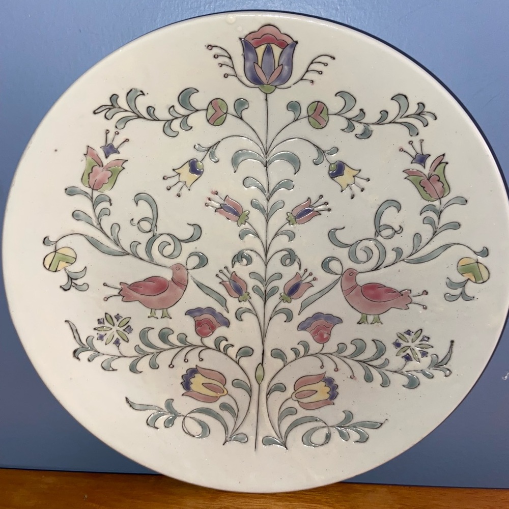 Vintage Jena Hall TOYO Decorative Plate Pastel Flower Bird Folk w/ Stickers
